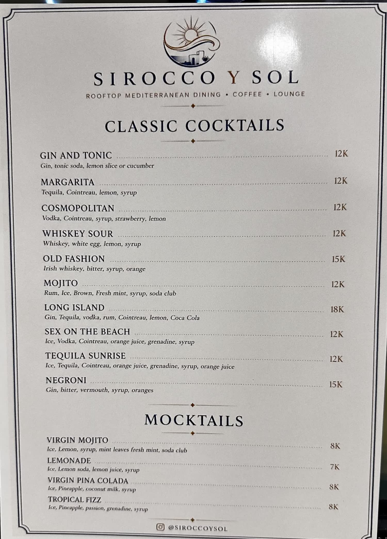 Classic Cocktails menu — And Mocktails