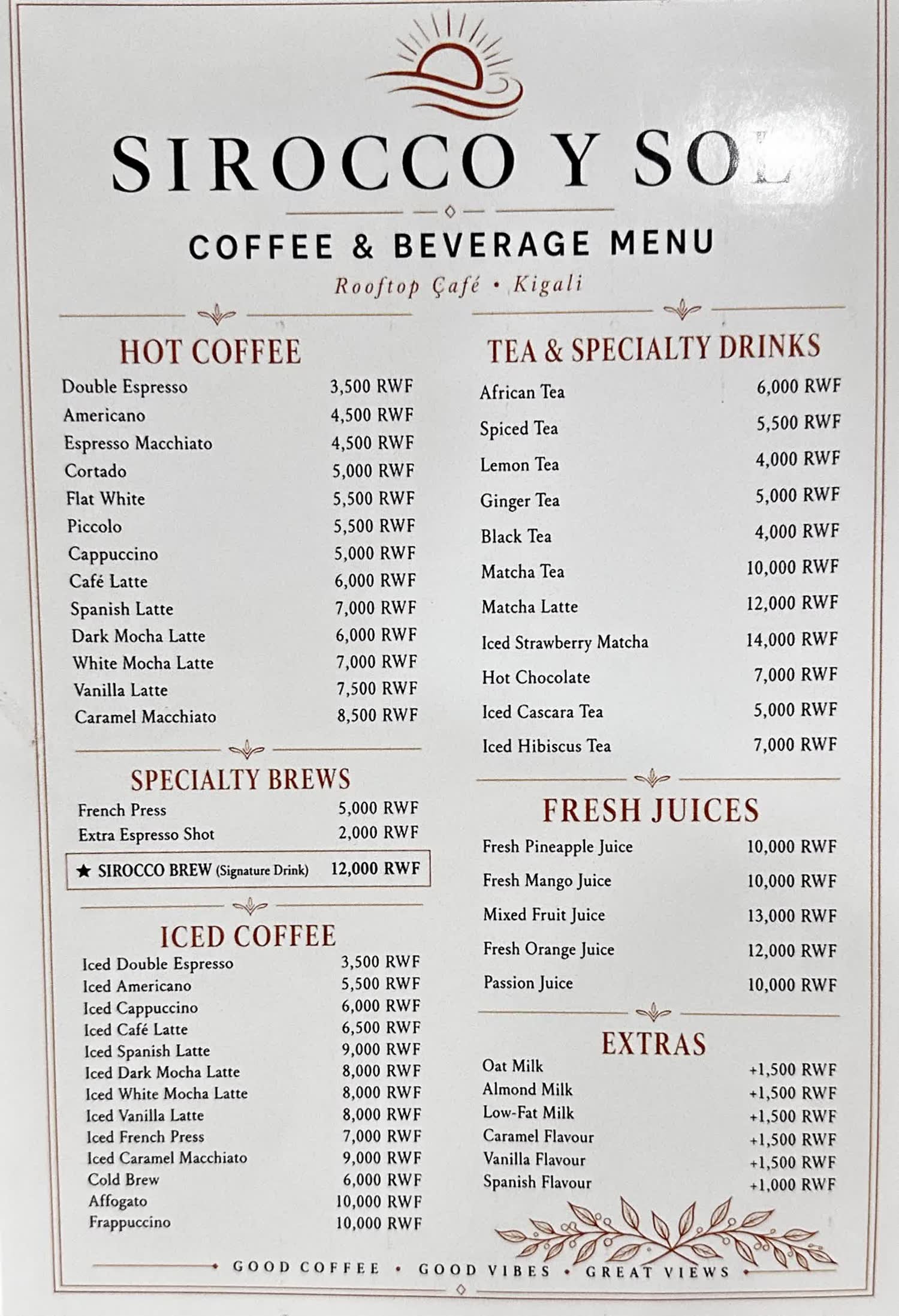 Coffee & Beverage menu — Rooftop Café